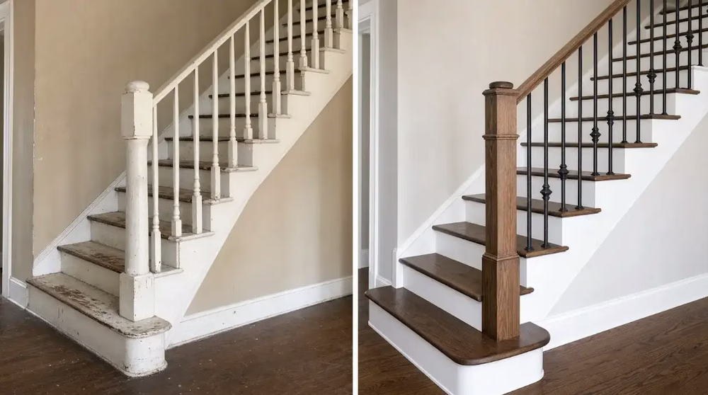 Before and after staircase remodel showing worn white painted balusters replaced with wrought iron balusters and stained oak treads in a Dallas-Fort Worth home