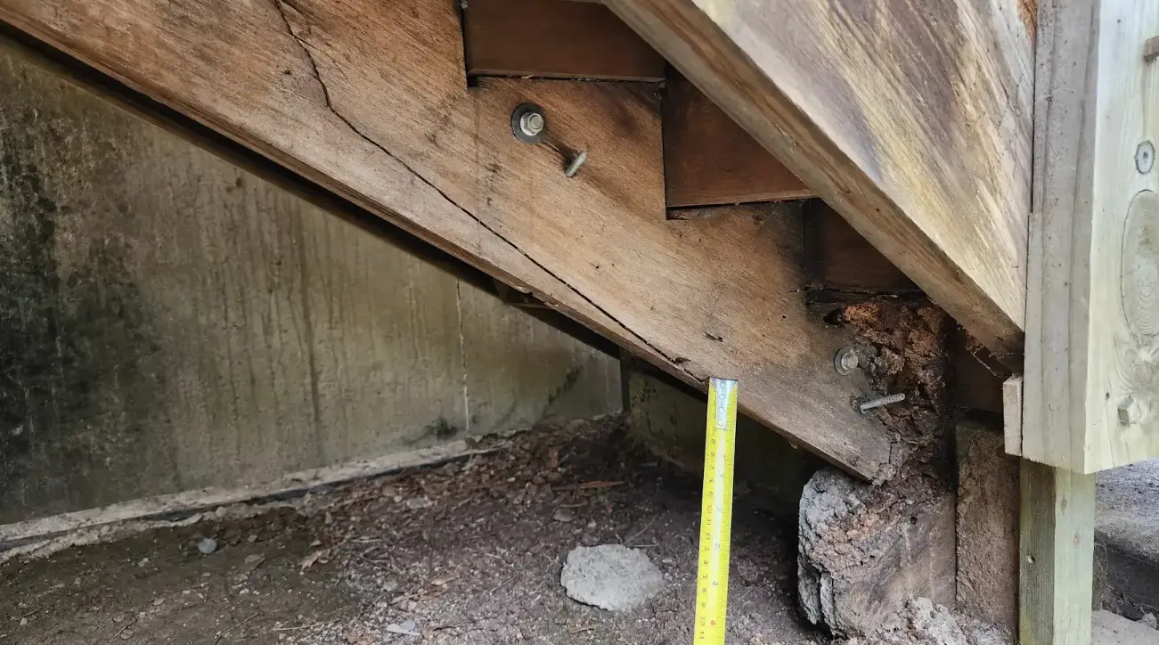 Close-up of a cracked and rotted stair stringer showing structural damage at the base, indicating the need for staircase remodeling