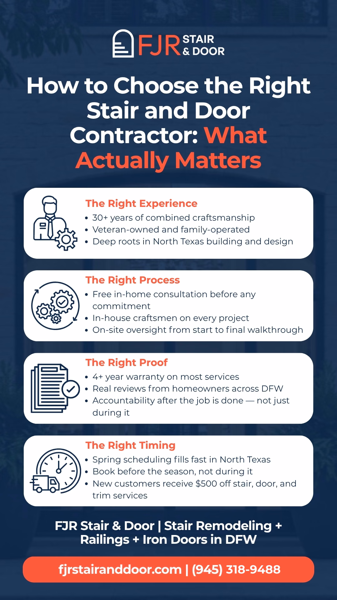 How to choose the right stair and door contractor: the right experience — combined craftsmanship, veteran-owned and family-operated, roots in North Texas; the right process — free in-home consultation, in-house craftsmen, on-site oversight to final walkthrough; the right proof — warranty on most services, reviews from DFW homeowners, accountability after the job; the right timing — spring scheduling fills fast, book before the season.