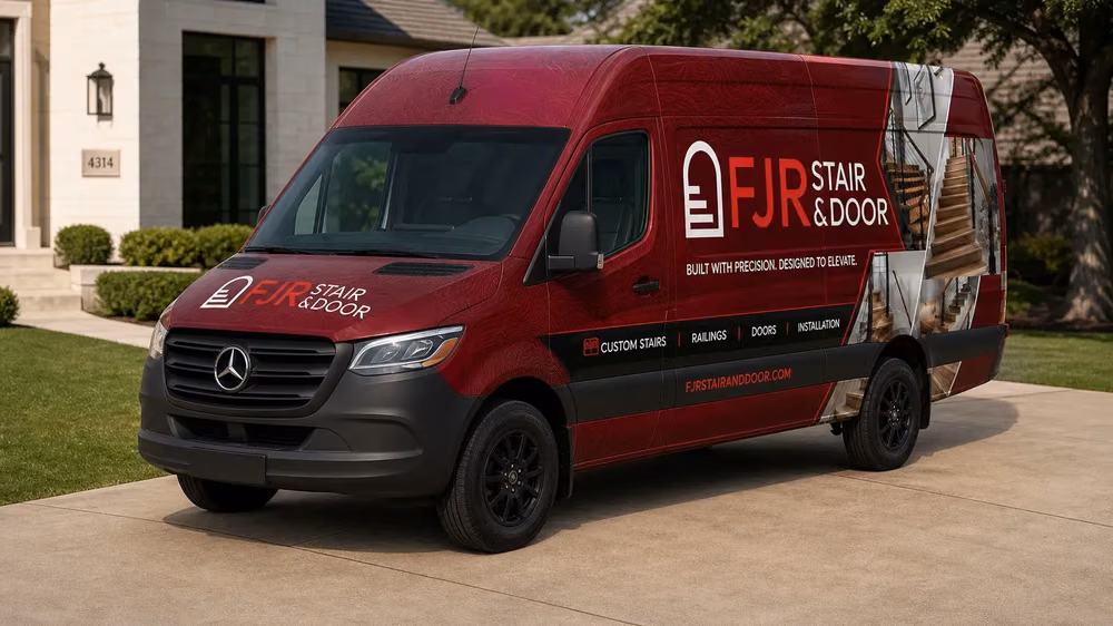 FJR Stair & Door's branded service van at a Dallas–Fort Worth home