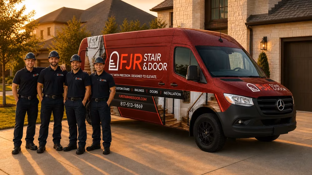 The FJR Stair & Door crew with their branded service van at golden hour