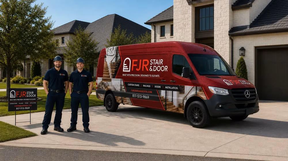 FJR Stair & Door's branded service van parked outside a Dallas–Fort Worth home