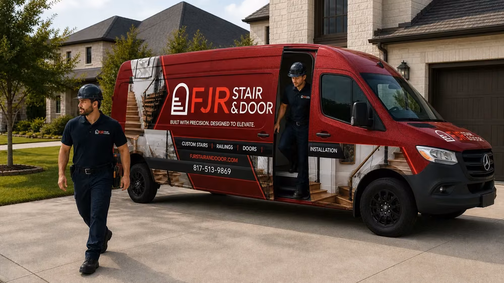 An FJR Stair & Door crew member stepping out of the branded company van