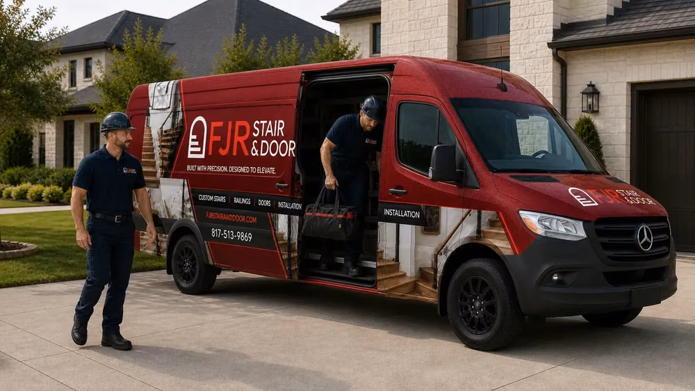 An FJR Stair & Door installer taking a tool bag from the company van