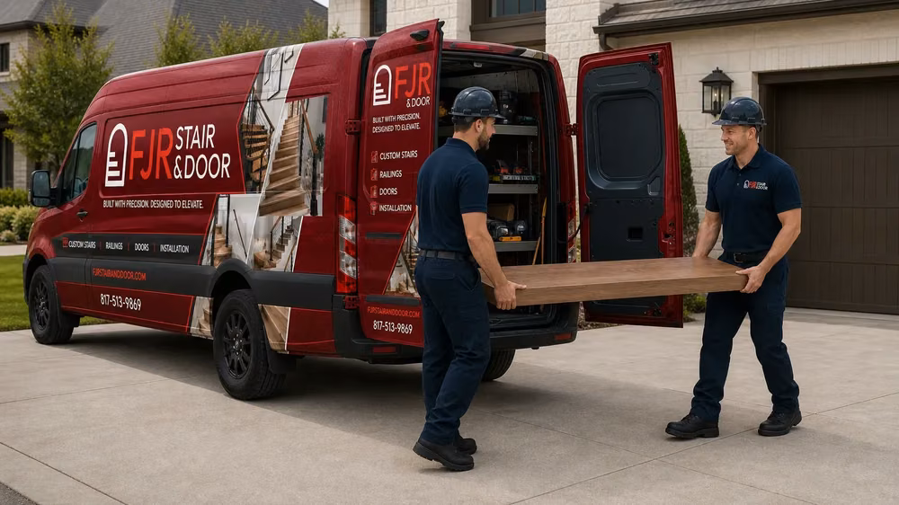 FJR Stair & Door installers unloading materials from the van's rear doors