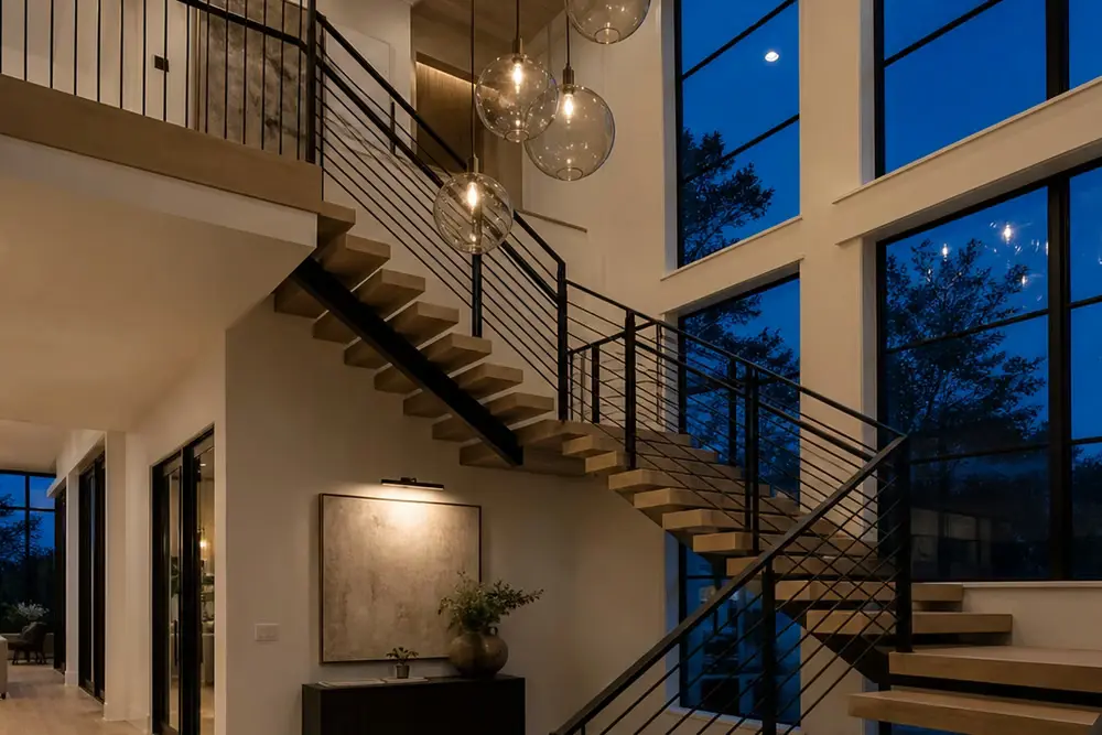 Two-story entry staircase with iron balusters in a new Frisco home at dusk