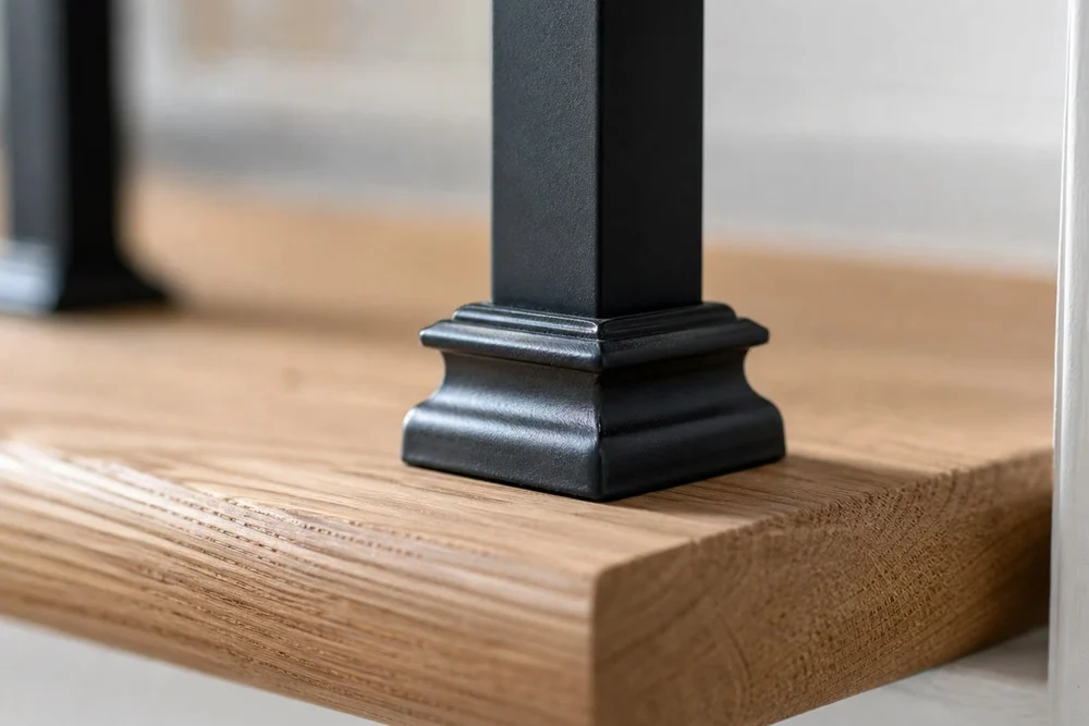 Iron baluster set into a white oak stair tread, close detail