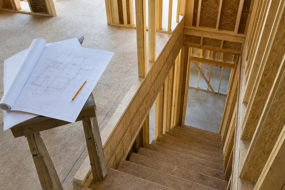 Stair opening at the framing stage with the builder&#8217;s plans on a sawhorse